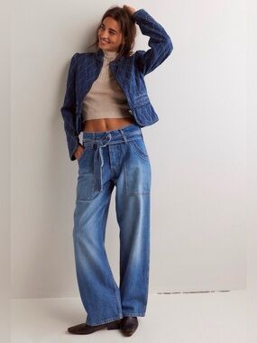 Free People We The Free Blue Jay Belted Boyfriend High Rise Wide Leg Jeans 30